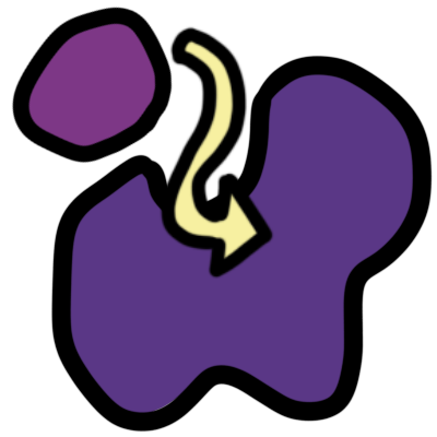 a curved yellow arrow pointing from a pink-purple blob to a larger purple blob, which it fits into